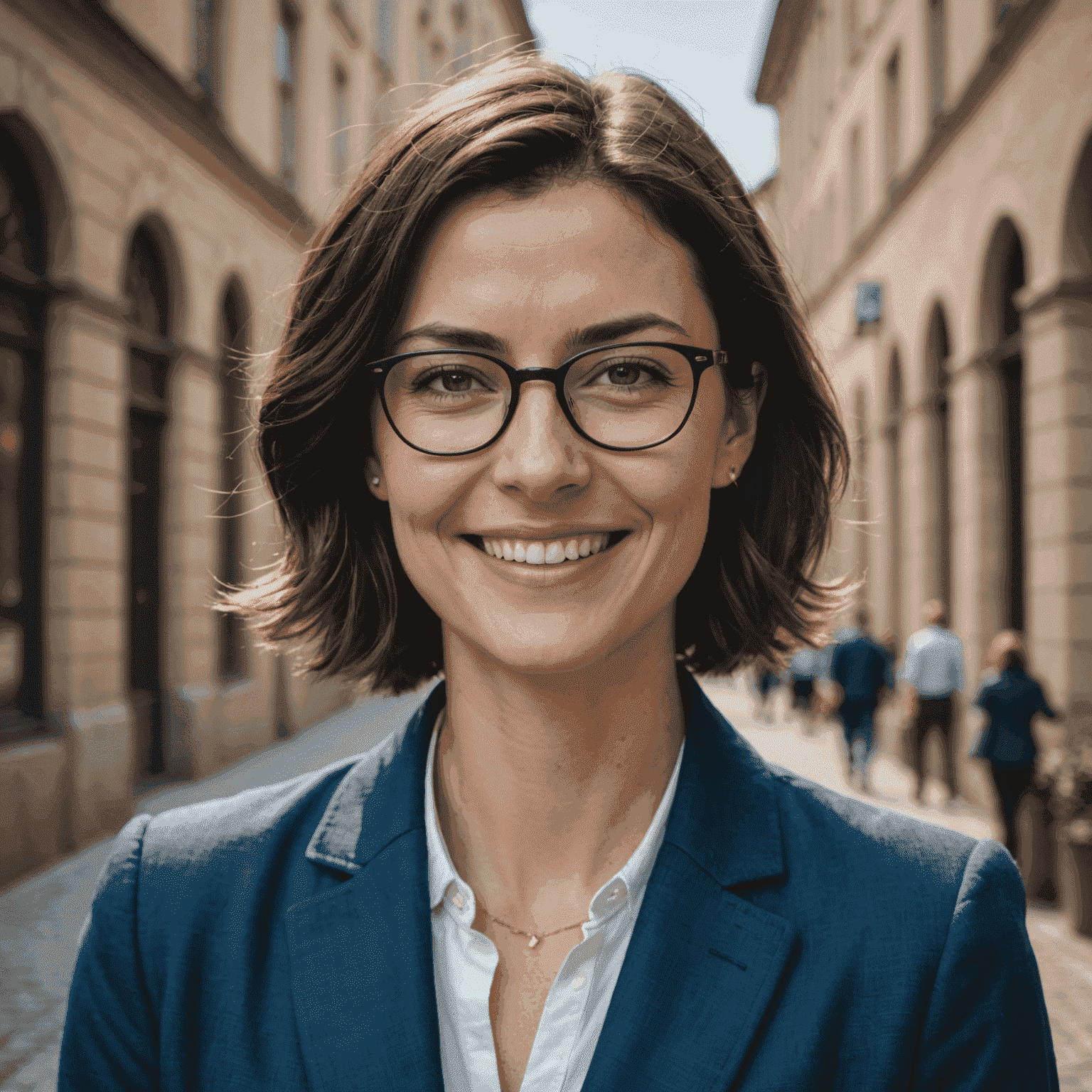 Portrait of Jana Novakova, a woman in her early 30s with short dark hair and glasses, smiling warmly at the camera. She's wearing a casual blue blazer.