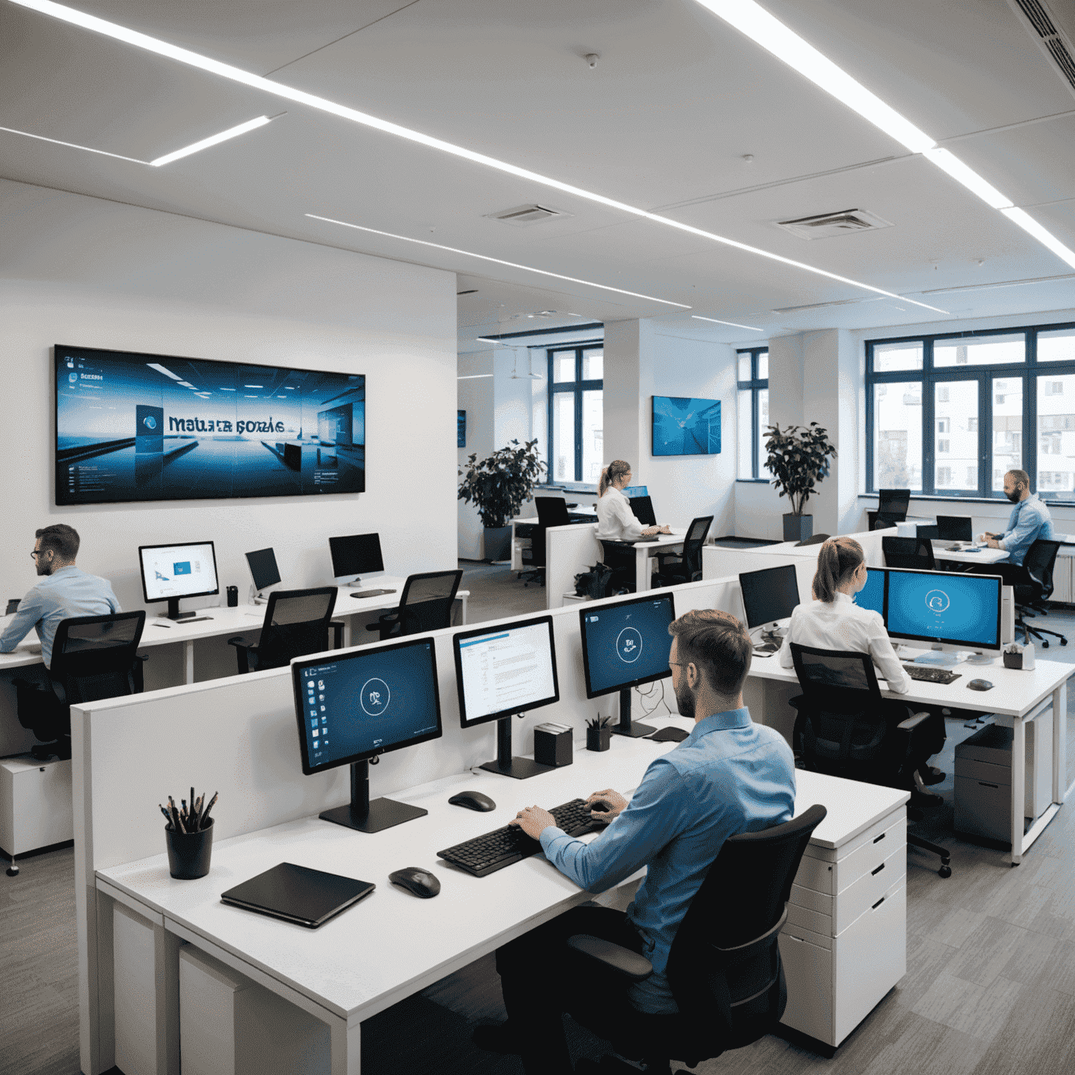 A modern Slovak office space with employees using digital devices and touchscreen displays, showcasing the integration of digital services in the workplace