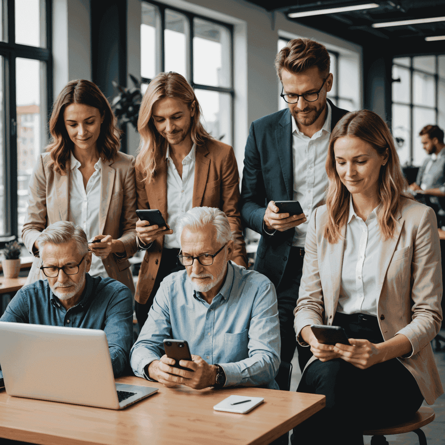 A group of diverse Slovakian people of different ages using various digital devices like smartphones, tablets, and laptops in a modern office setting, symbolizing digital literacy across generations