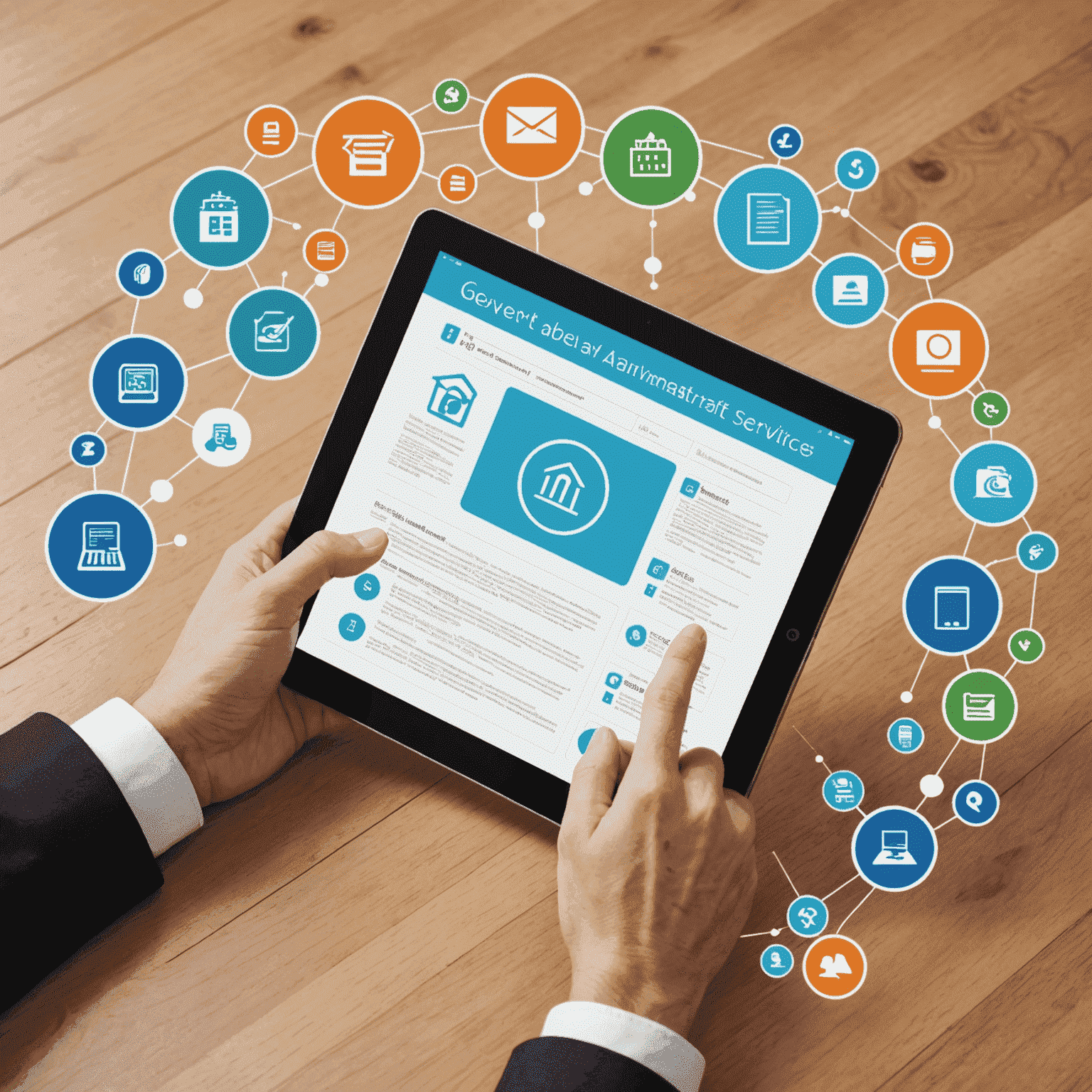 A person using a tablet to access e-government services, with icons representing various online administrative tasks