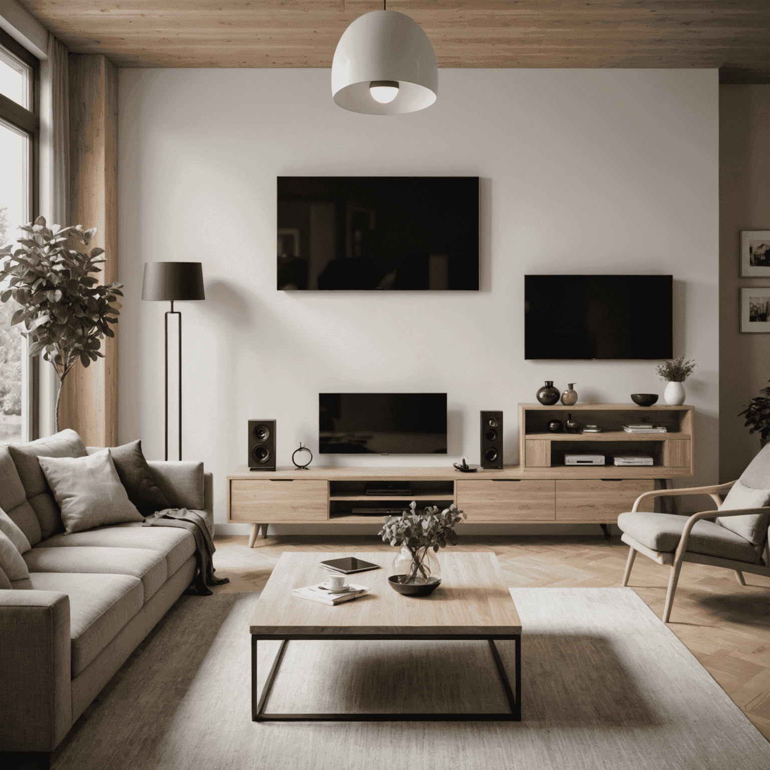 A modern Slovak living room with smart devices controlled through the Etipos app on a smartphone