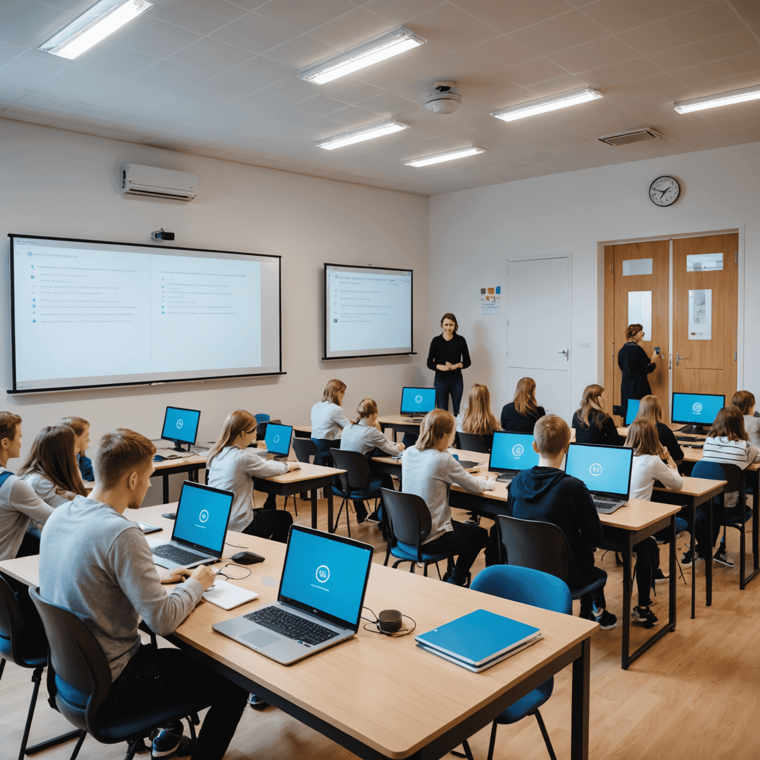 A modern classroom in Slovakia with students of various ages engaged in a digital skills workshop, using computers and interactive whiteboards