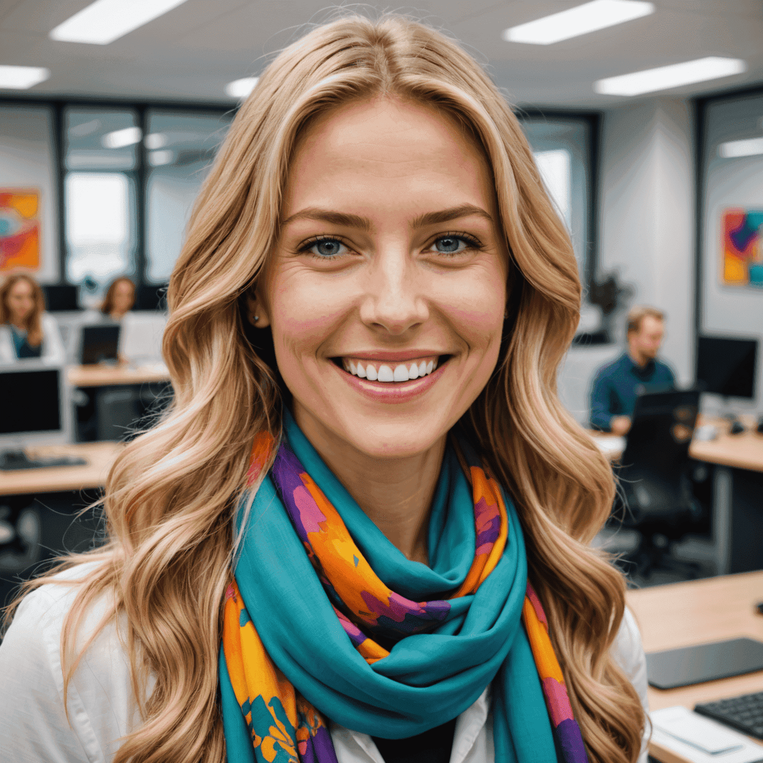 Portrait of Eva Kovacova, a woman in her mid-20s with long blonde hair and a bright, enthusiastic smile. She's wearing a colorful scarf and appears to be in a modern office setting.