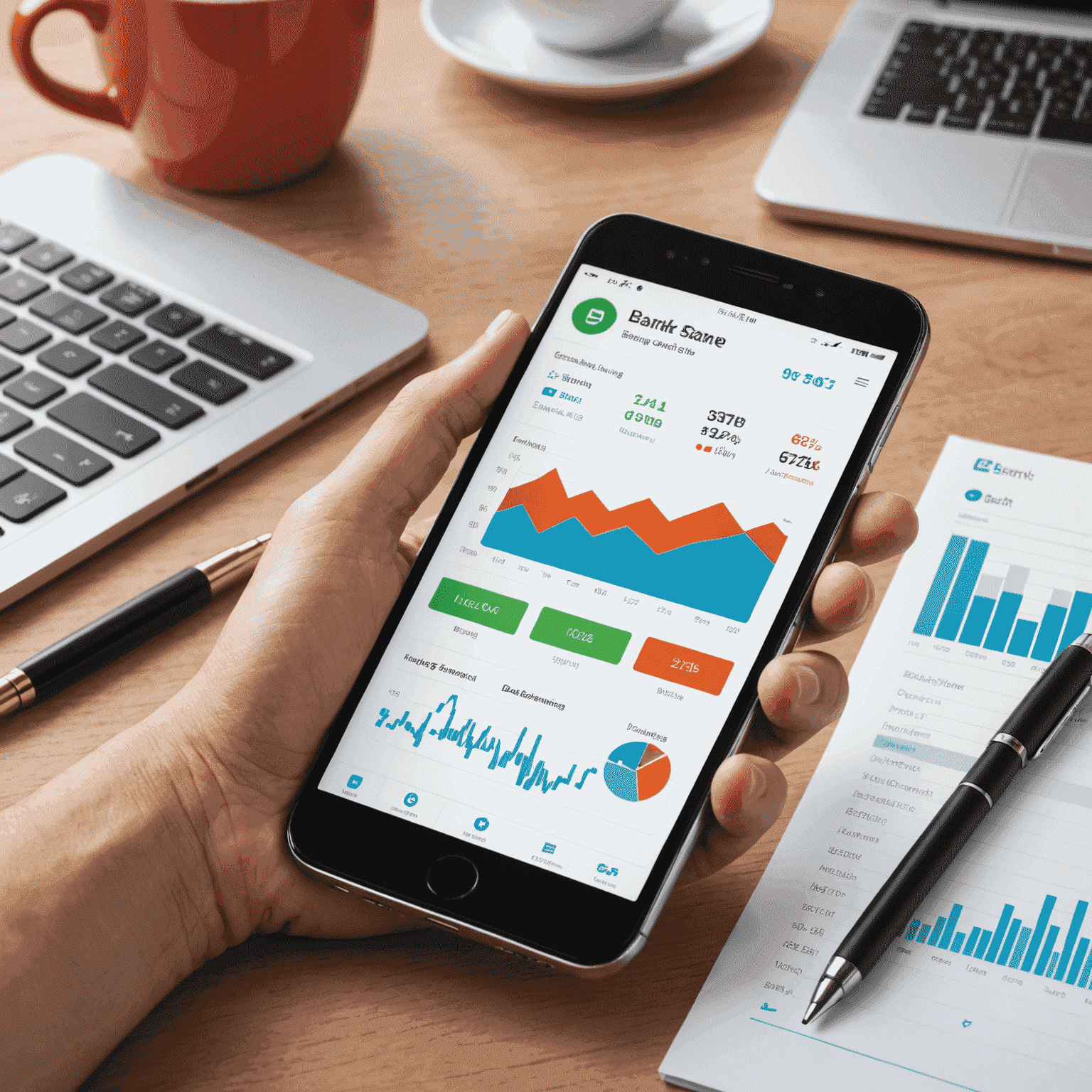 A smartphone displaying a modern banking app interface with graphs and financial data