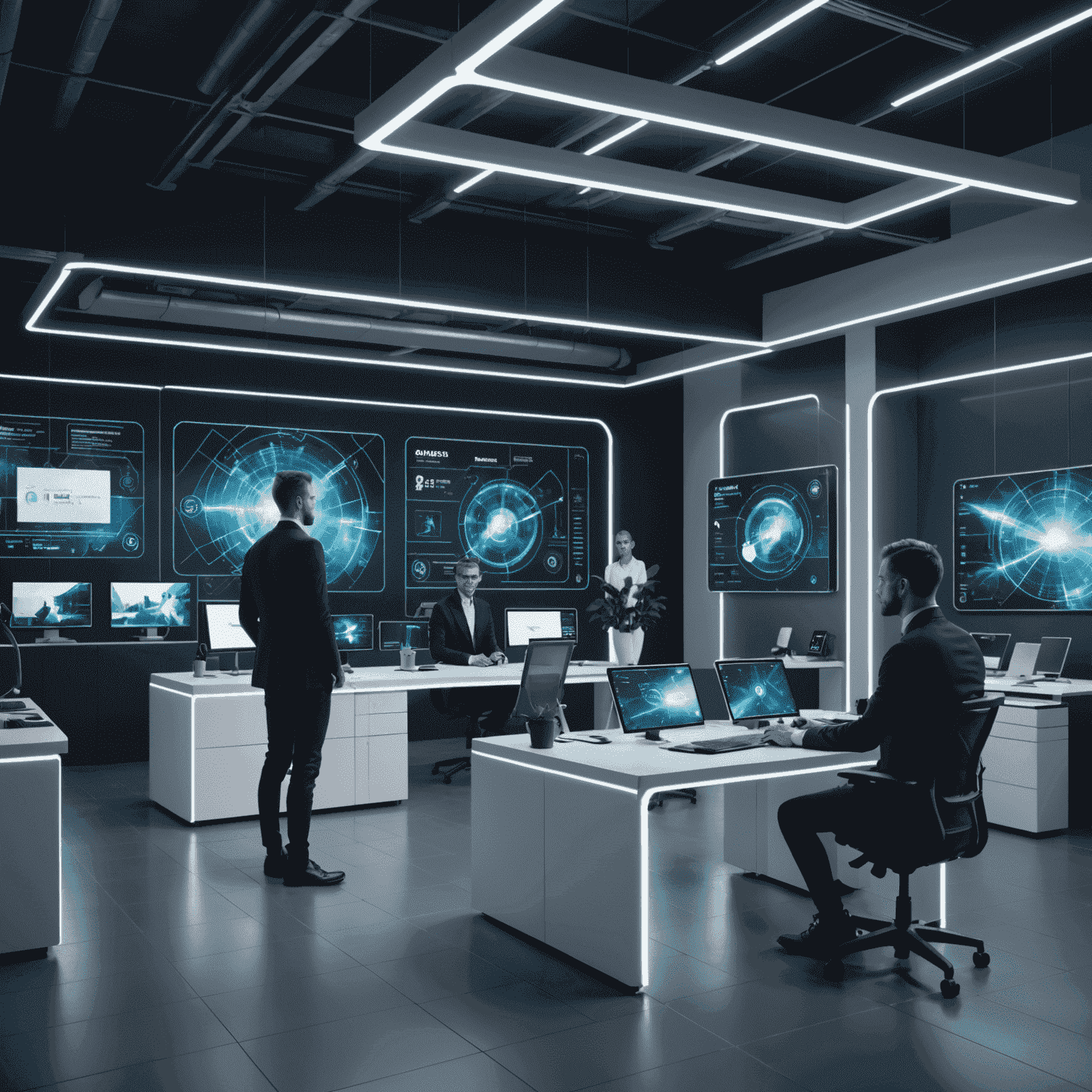 Futuristic visualization of a Slovak office space with holographic displays, AI assistants, and employees interacting with advanced digital interfaces