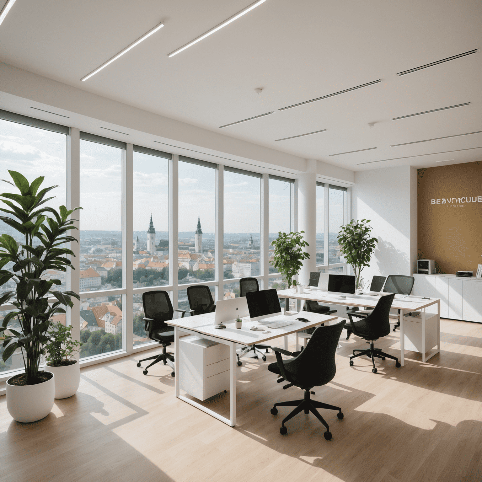 A modern, open-plan office space with large windows offering a view of Bratislava's skyline. The interior features sleek desks, ergonomic chairs, and collaborative areas with plants and minimalist decor. The color scheme is predominantly white with accents of muted gold, matching Etipos' brand colors.