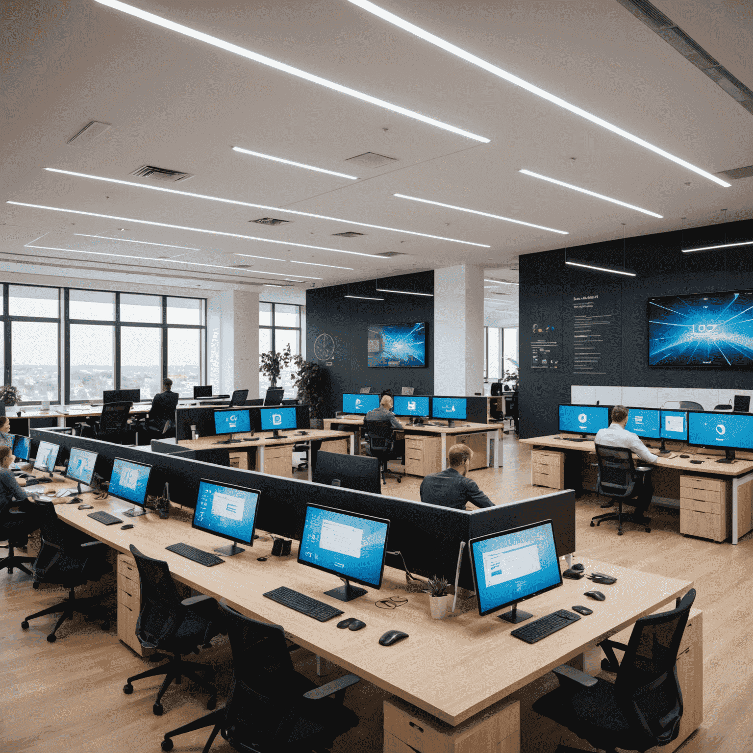 A modern, open-plan office space in Slovakia with people working on computers and tablets. Digital screens and smart devices are prominently displayed, showcasing a futuristic work environment.