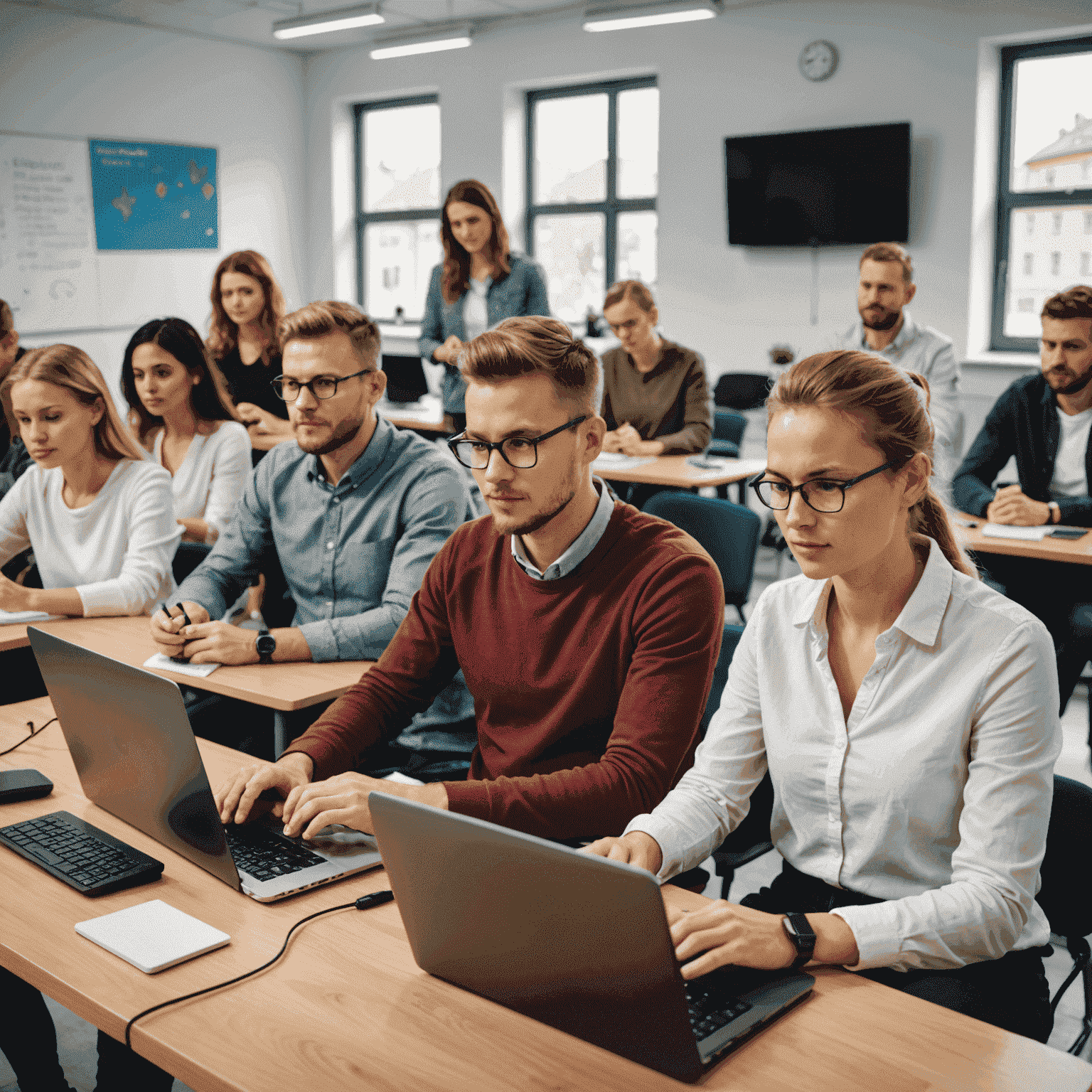 Diverse group of Slovak people learning digital skills in a modern classroom setting